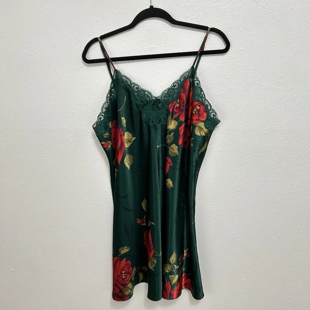 Vintage Robe & Slip Nightgown Slip Dress SET Solange Satin Green Floral 18/20